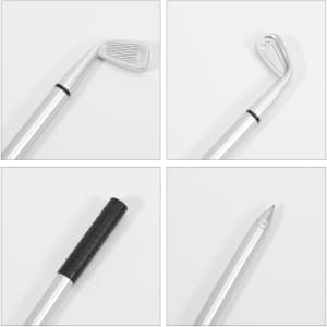 A golf-themed pen featuring a silver club head, black textured grip, and a fine point tip. Branding is present.