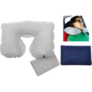 An inflatable travel pillow in light grey, accompanied by a navy carry pouch.