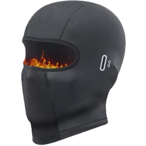 A black balaclava cycling face mask with a flame design inside the eye openings and a logo on the side.