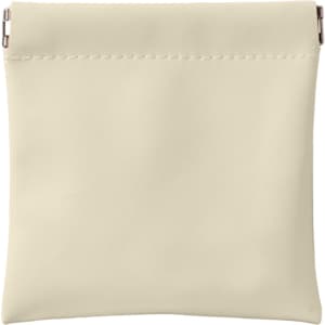 A small, cream-coloured cosmetic bag with a clasp closure and no visible branding.