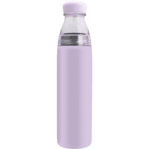 A drink bottle with a stainless steel base and a clear glass top, featuring a lilac silicone sleeve and a lid.