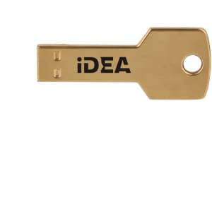 A gold square key flash drive with a key shape, featuring a logo on one side.