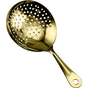 A gold cocktail strainer with a smooth handle and perforated bowl for filtering drinks.