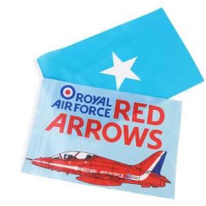 A rectangular cheering flag with a blue background, featuring a white star and red text. Includes a logo.