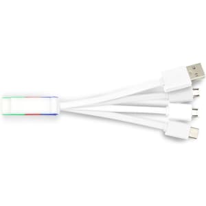 A custom white charging cable with USB, micro USB, and Lightning connectors, featuring a branding logo.