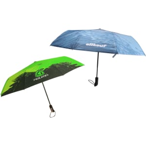 A folding ten-panel umbrella featuring a vibrant green side and a blue side with a water pattern. It has a logo.