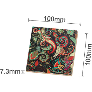 A square ceramic coaster with a vibrant, multicoloured paisley design, measuring 100mm x 100mm and 7.3mm thick.