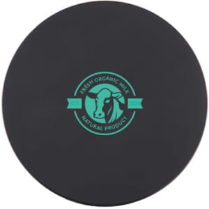 A round black coaster featuring a teal logo of a cow with the words "Fresh Organic Milk" and "Natural Product".