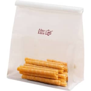 A clear bag filled with orange rolled snacks, featuring a logo on the front. The bag is sealed at the top.