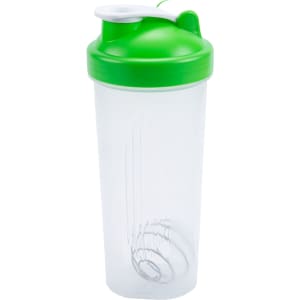 A drink bottle featuring a clear body with a green lid and a white spout, designed as a protein shaker.