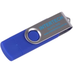 A blue double-end Belton Micro USB flash drive with a metallic silver clip and branding.