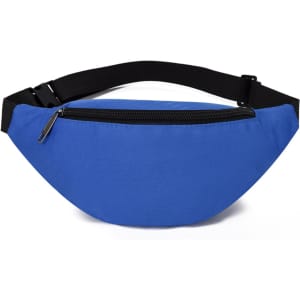 A blue bum bag with a zippered pocket and an adjustable black strap. It features a logo on the front.