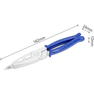 A plier-shaped ballpoint pen in blue and silver, measuring 162mm in length and 24mm in width. Features a logo.