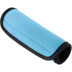 A blue neoprene luggage grip with a black trim, designed for comfortable handling. Features a logo.