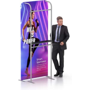 A banner stand display featuring a model in sportswear with a vibrant purple background and a logo on the stand.
