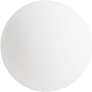 A white lacrosse ball with a smooth surface, featuring a logo on one side.