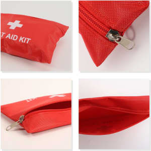 A red first aid kit pouch with a zipper, featuring a white cross logo and a mesh texture.