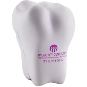 A white tooth-shaped stress reliever with a logo, featuring smooth, rounded edges.