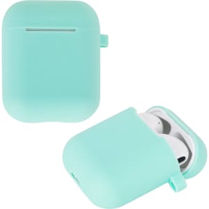 A mint green silicone protection case for AirPods, featuring a snug fit and rounded edges. Includes a logo.