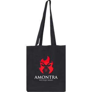 A black cotton bag with long handles and a logo featuring a stylised character in red.