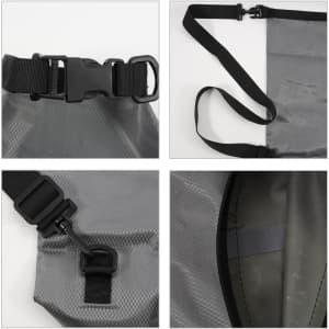 A grey Oxford cloth dry bag featuring adjustable straps and buckles, showcasing its durable material and design details.