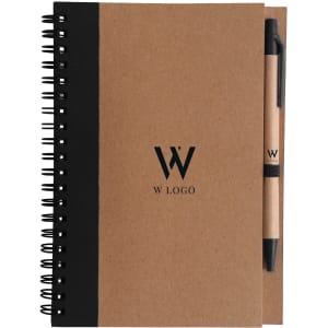 A Kraft notebook with a black spiral binding and a matching ballpoint pen, featuring a logo on the cover.