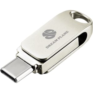 A silver Type-C flash drive with a swivel design and a logo, featuring a keyring attachment.