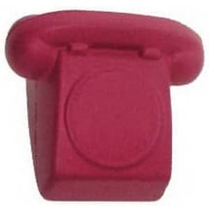 A pink classic phone-shaped stress reliever with a rounded handset and square body, featuring a logo on the side.