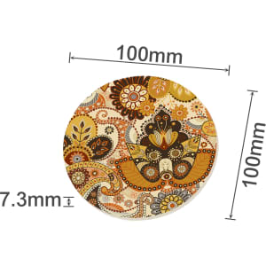 A round ceramic coaster with a vibrant floral design in orange, yellow, and brown tones. It has a measurement of 100mm.