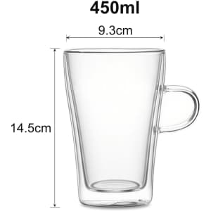 A transparent double wall mug with a handle, measuring 14.5 cm in height and 9.3 cm in diameter, with a 450 ml capacity.