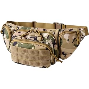 A tactical fanny pack in a camouflage pattern featuring multiple zippered compartments and an adjustable strap.