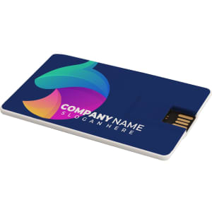 A credit card-sized Type-C flash drive featuring a multicoloured design and a logo on a dark background.