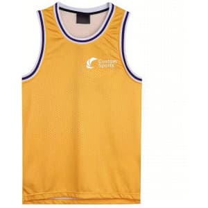 A sleeveless sport jersey in vibrant yellow with a contrasting purple trim and a logo. Made from 100% polyester.