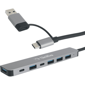 A silver 7-in-1 USB hub with multiple ports and a USB cable connected, featuring a logo.