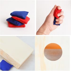 Mini Cornhole Game Board set featuring red and blue bean bags and a wooden board with a circular hole.