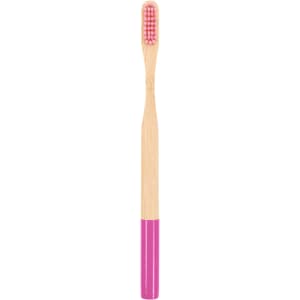 A large round handle bamboo toothbrush with a pink and natural bamboo design, featuring soft bristles.