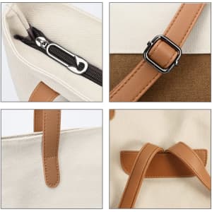 A convertible canvas backpack to tote bag featuring a zip, brown straps, and beige fabric. Includes a logo.