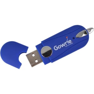 A blue flash drive with a removable cap and a logo, featuring a USB connector.