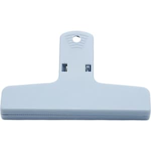 Light blue plastic magnetic clip with a flat design and a hanging hole at the top. Features a logo on the surface.