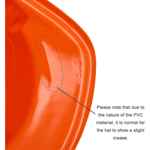 An orange PVC construction hat featuring a slight crease typical of its material, with an attached logo.