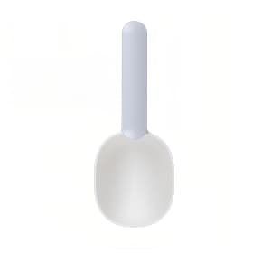 A pet food scoop with a white bowl and a light blue handle, featuring a simple, ergonomic design.