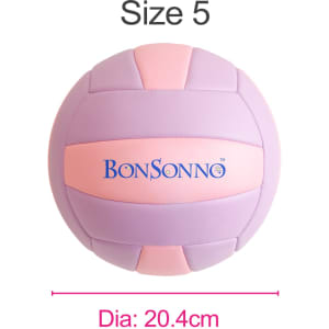A volleyball in pastel pink and purple, featuring a logo, with a diameter of 20.4 cm.