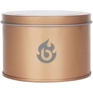 A gold tin can with a transparent window and a logo on the front, featuring a smooth, curved design.