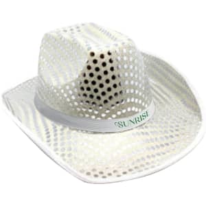 A white sequin cowboy hat with intricate designs and a decorative band, featuring a logo.