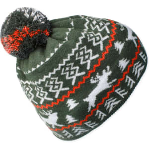 A knitted beanie in green with red and white patterns, featuring a pom-pom on top. It has a logo.