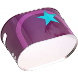 A purple oval ice bucket with a turquoise star design and a metallic finish. It includes handles for easy carrying.