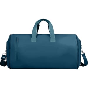 A teal convertible duffel bag with handles and a shoulder strap, featuring a zippered side pocket and branding.