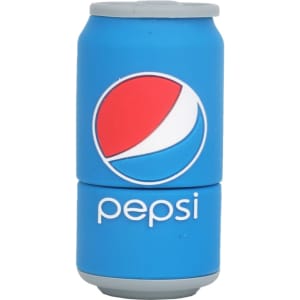 A blue drink bottle resembling a Pepsi can, featuring a logo and grey accents.