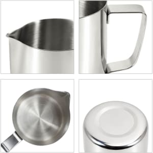 A stainless steel milk frothing pitcher with a sleek design, featuring a spout and handle. It has a polished finish.