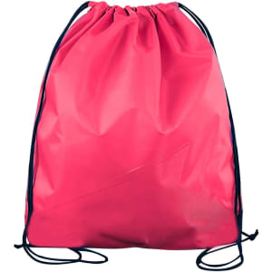 A pink polyester drawstring bag with black cords, featuring a simple design and no visible logos.